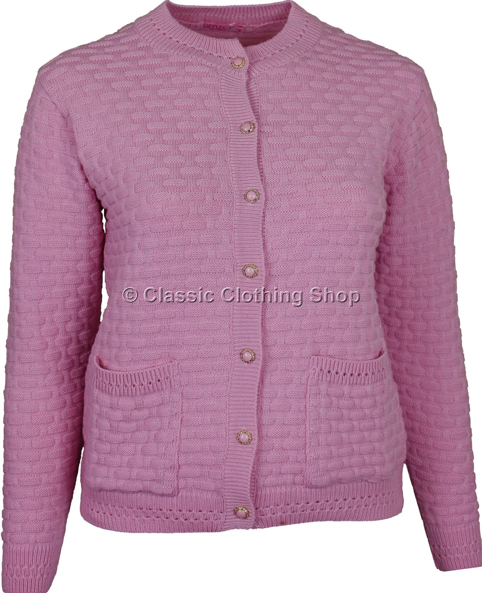 Pink Round Neck Latice Cable Cardigan